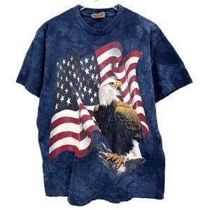 Vintage The Mountain Eagle American Flag Shirt Size L Blue Patriotic USA Cotton